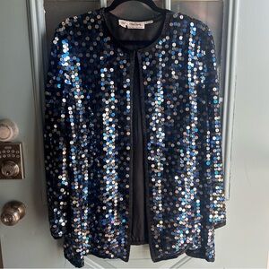 Vintage Sequin Beaded 100% Silk Oversized Jacket Oleg Cassini Silver & Blue L